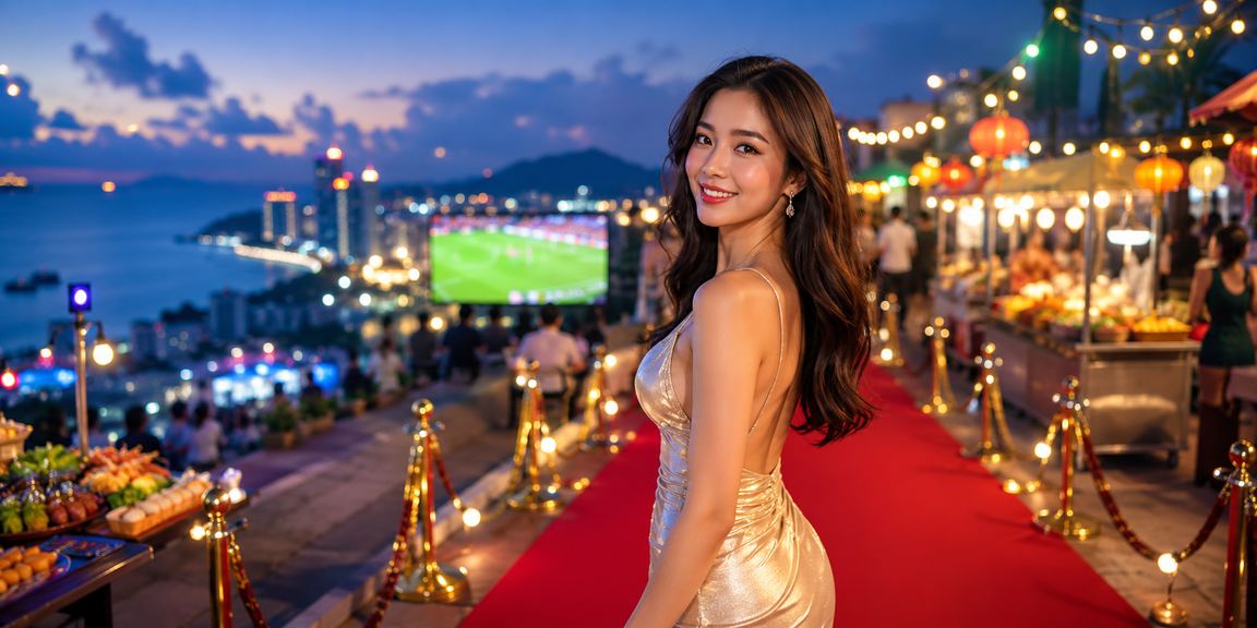 Màn hình slot game tại khu chợ đêm Phú Quốc về đêm, không khí nhộn nhịp